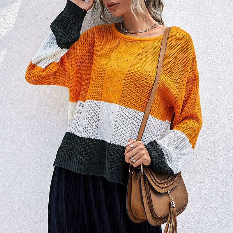 Loose Fit Color-Block Knit Sweater with Crewneck