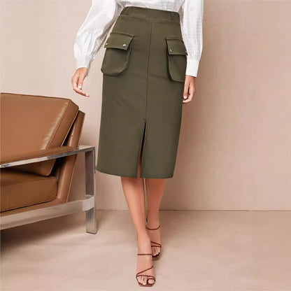 Solid Midi Pencil Skirt with Front Pockets and Slit
