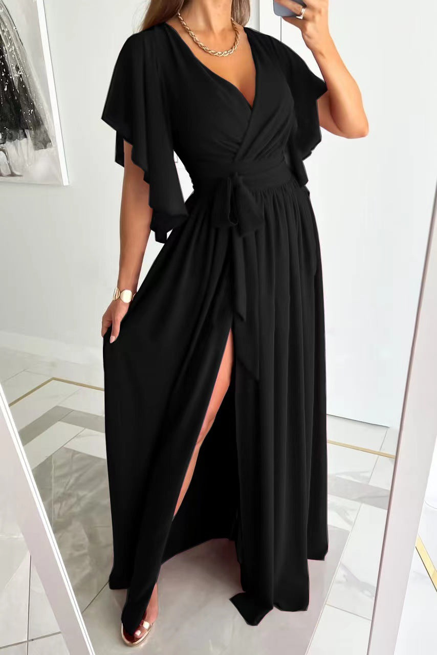 Solid Maxi Dress with Wrap V-Neck, Tie-Waist, and Slit