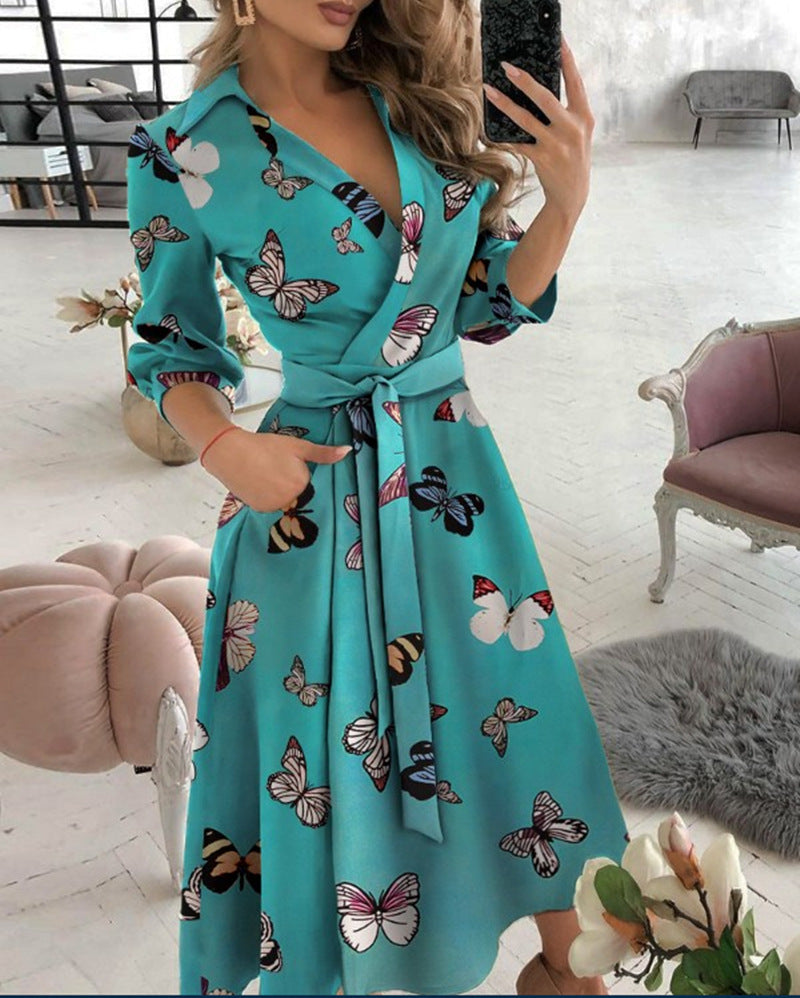 Printed Wrap Midi Dress with Shirt Collar and 3/4 Sleeves