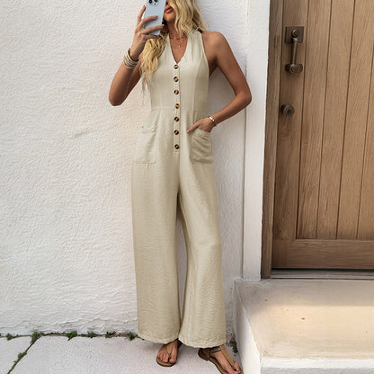 Wide-Leg Jumpsuit with Halter Neck and Button Front