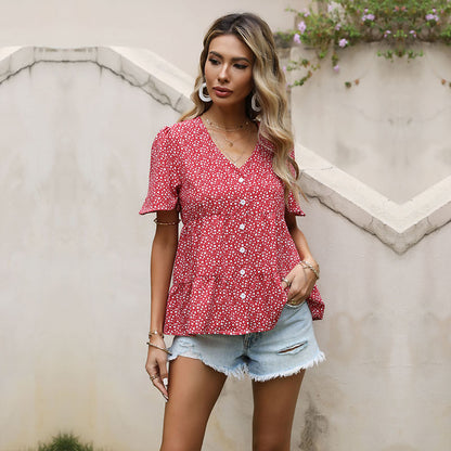 Floral Print V-Neck Peplum Blouse with Button Front