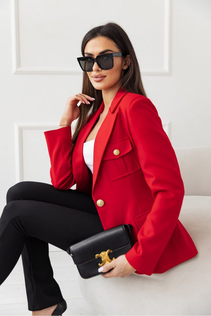 Solid Single-Breasted Blazer with Gold Buttons and Flap Pockets