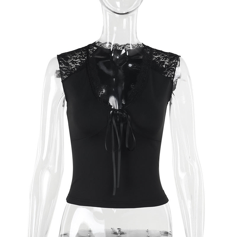 Slim Fit Cap Sleeve Top with Floral Lace and Tie-Front Detail