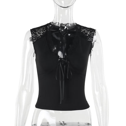 Slim Fit Cap Sleeve Top with Floral Lace and Tie-Front Detail