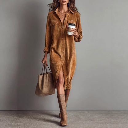 Corduroy Shirt Dress with Lapel Collar and Button Front