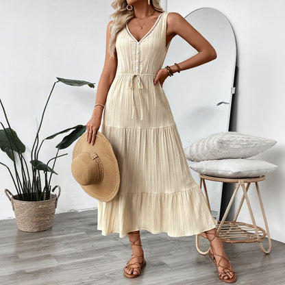 Sleeveless Tiered Maxi Dress with V-Neck and Drawstring Waist