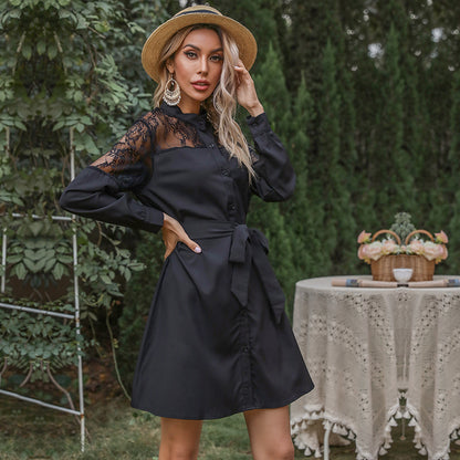 Black Button-Front Shirt Dress with Lace Yoke and Tie Belt