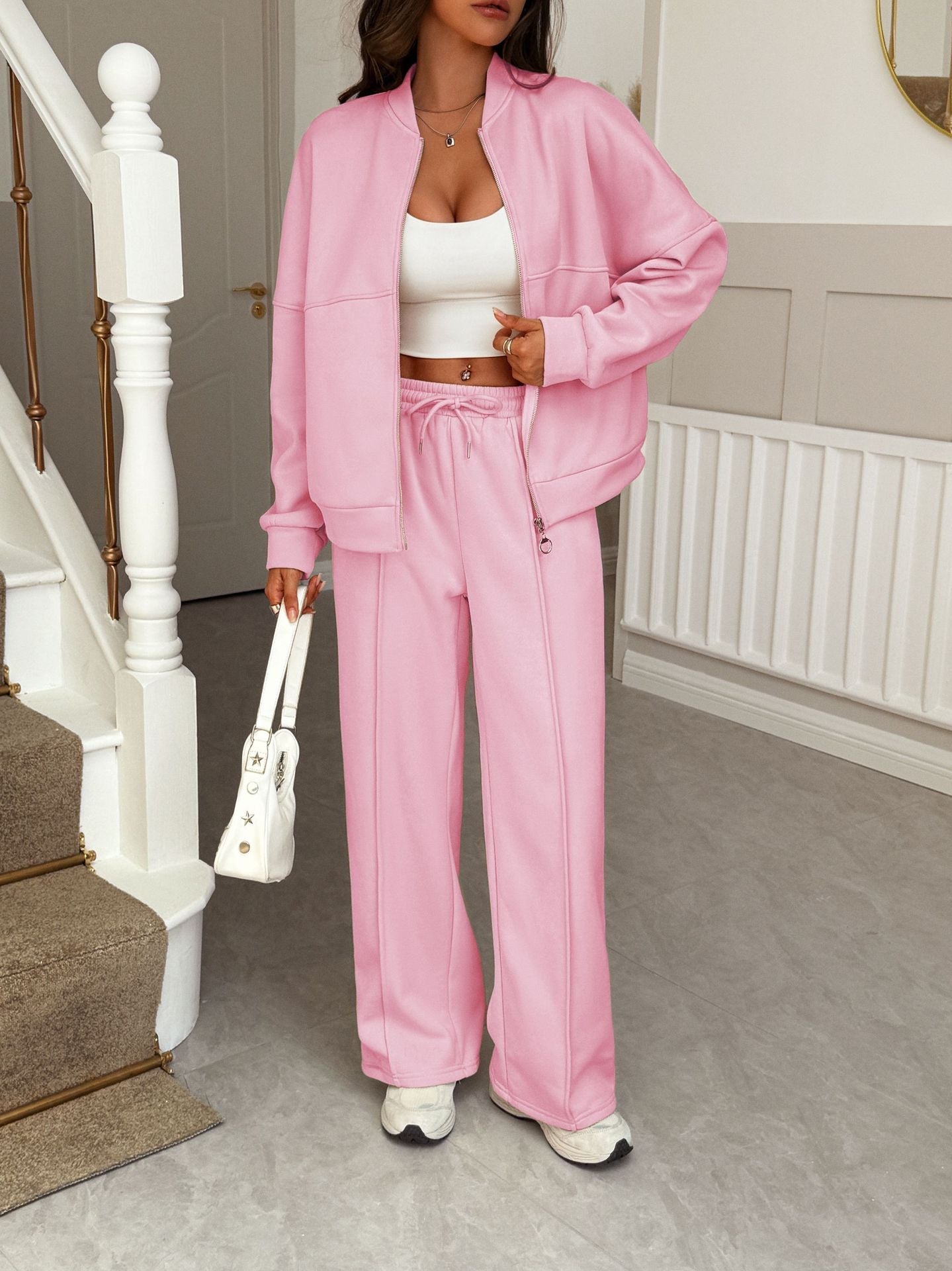 Solid Knit Tracksuit with Full-Zip Jacket and Wide-Leg Pants
