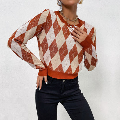 Argyle Cropped Knit Pullover with Crewneck and Long Sleeves