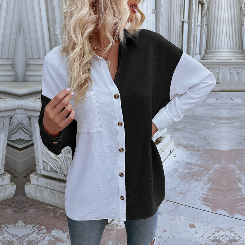Color-Block Button-Down Shirt with Crinkled Texture