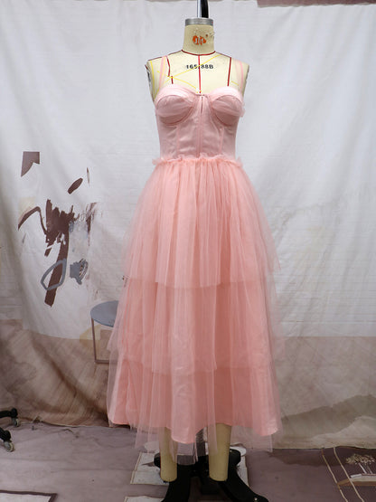 Strappy Midi Dress with Bustier Bodice and Tiered Tulle Skirt