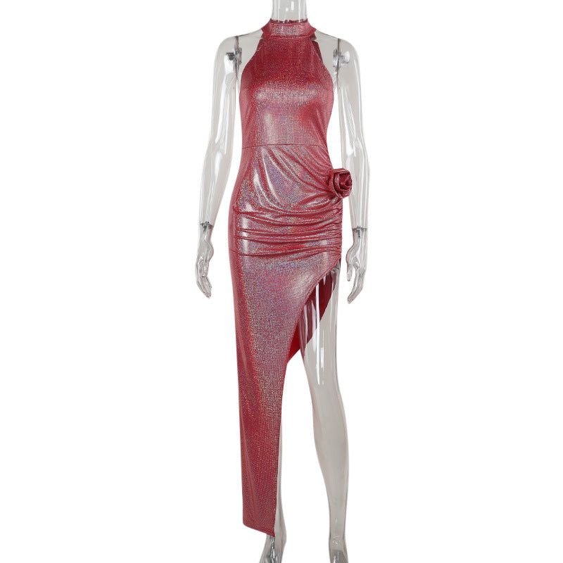 Shimmering Bodycon Midi Dress with Halter Neck and High Slit