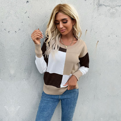 Contrast Color Patchwork Knitted Pullover with Round Neck