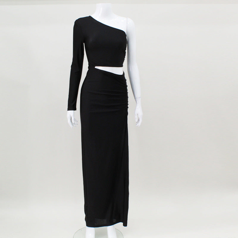 One-Shoulder Ruched Maxi Dress with Waist Cut-Out and High Slit