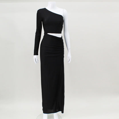 One-Shoulder Ruched Maxi Dress with Waist Cut-Out and High Slit