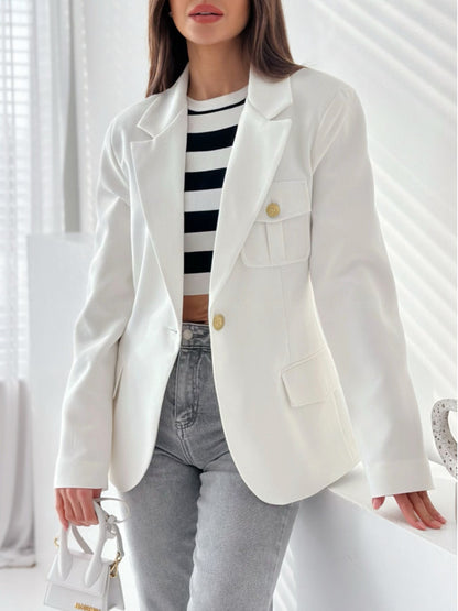 Solid Single-Breasted Blazer with Gold Buttons and Flap Pockets