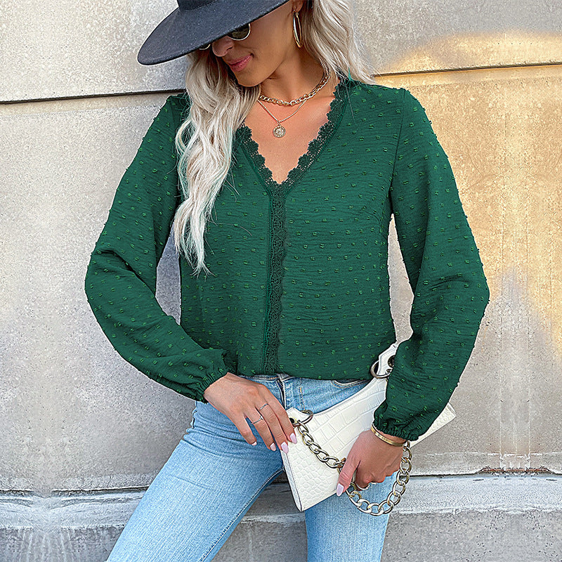 Solid Dotted Long-Sleeve Blouse with Lace Trim