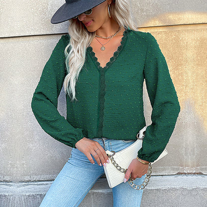 Solid Dotted Long-Sleeve Blouse with Lace Trim