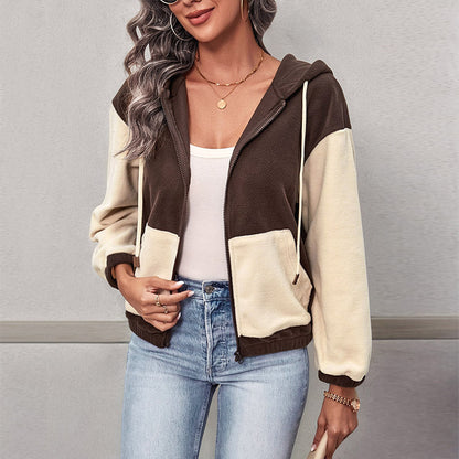 Color-Blocked Fleece Zip-Up Hoodie with Pockets