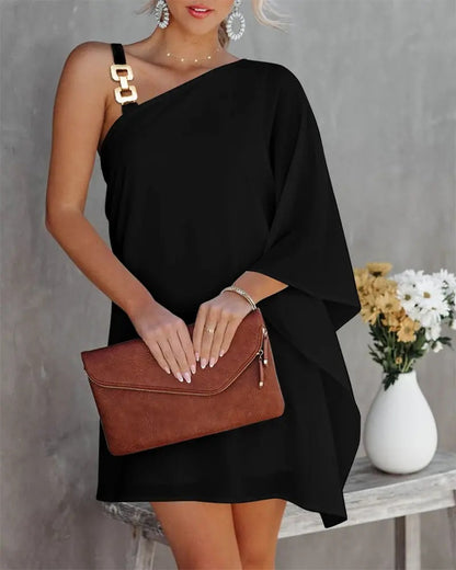 Printed One-Shoulder Mini Dress with Bat Sleeves