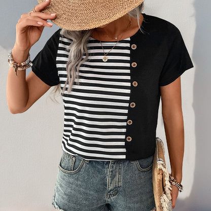 Striped Patchwork T-Shirt with Button Detail