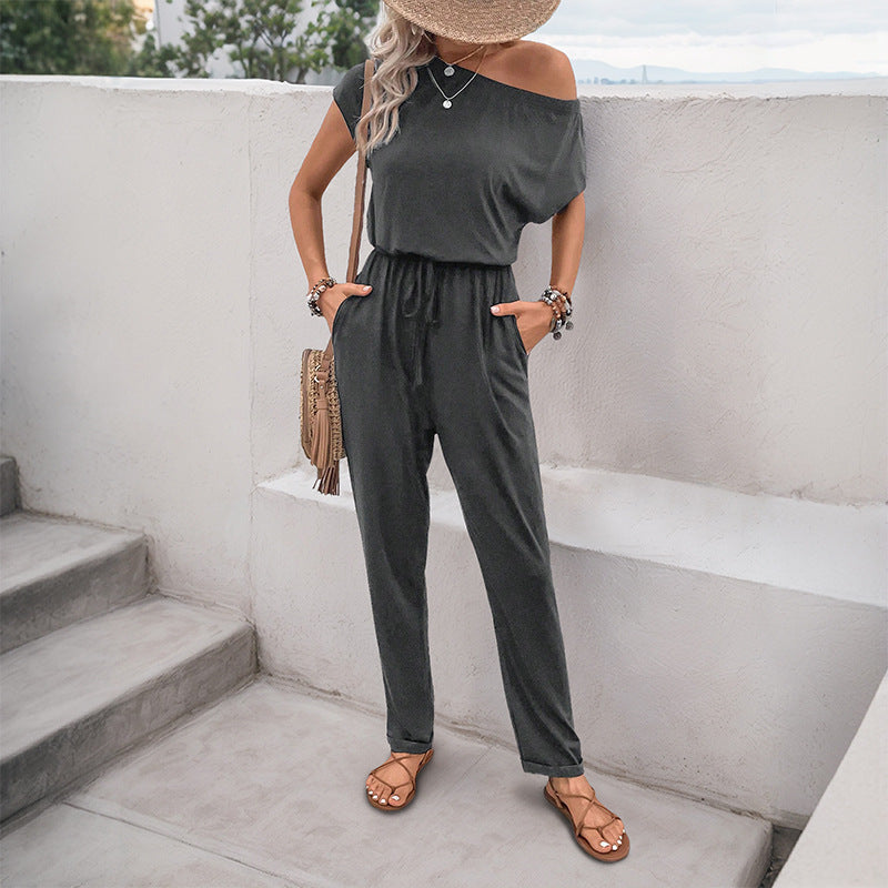 Relaxed Fit Jumpsuit with Off-Shoulder and Drawstring Waist