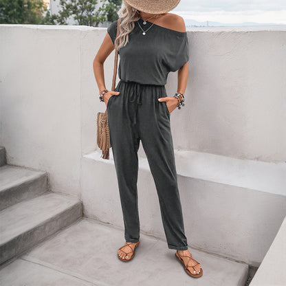Relaxed Fit Jumpsuit with Off-Shoulder and Drawstring Waist