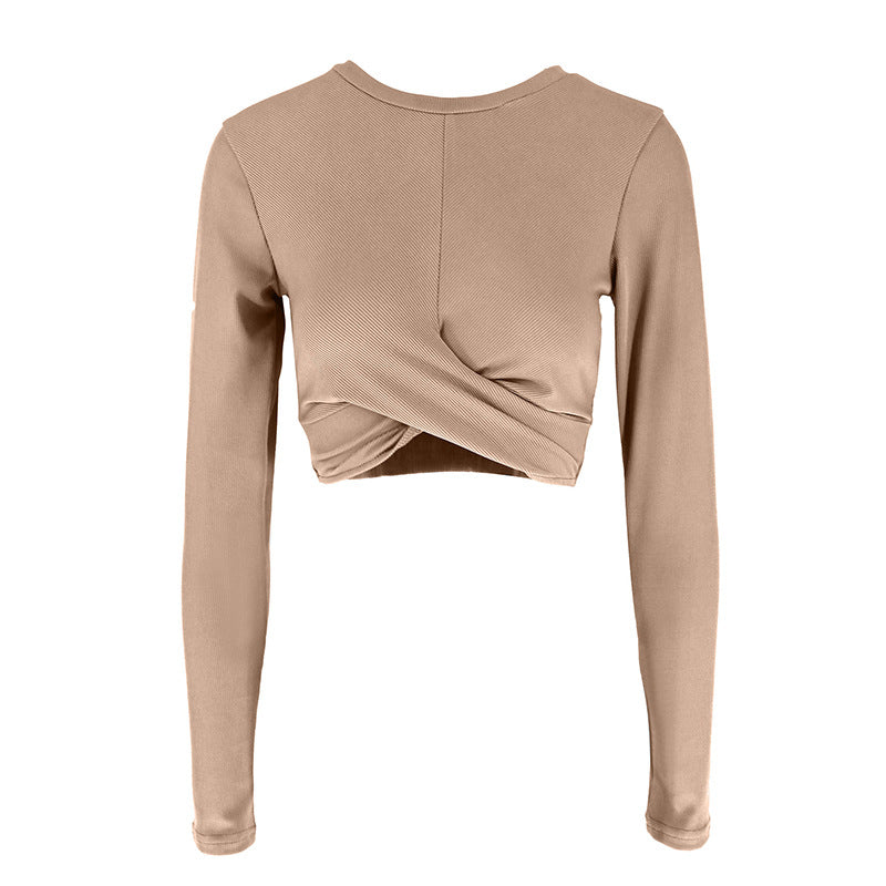 Slim Fit Ribbed Long Sleeve Top with Cross Front Detail