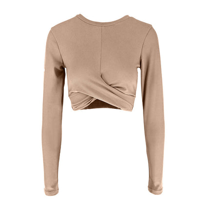 Slim Fit Ribbed Long Sleeve Top with Cross Front Detail