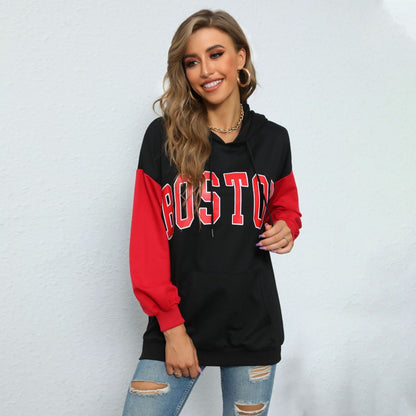 Boston Letter Print Hoodie with Red Color Block Sleeves