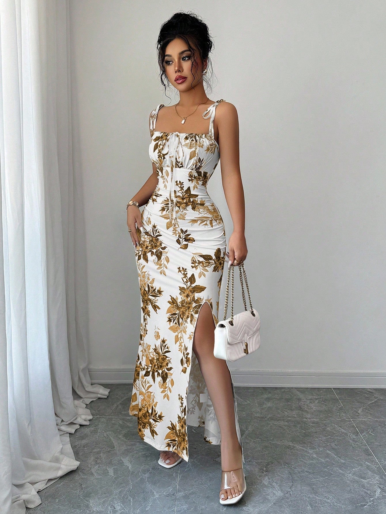 Floral Print Tie-Strap Maxi Dress with High Side Slit
