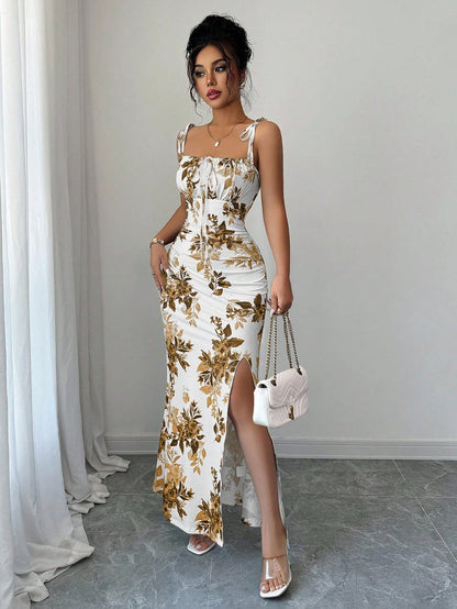Floral Print Tie-Strap Maxi Dress with High Side Slit