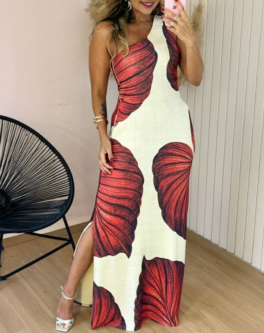 Tropical Leaf Print Maxi Dress with One-Shoulder