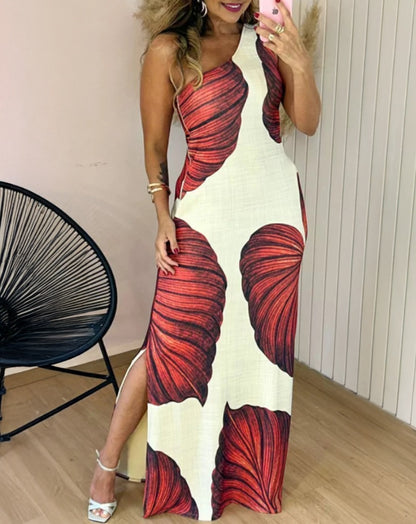 Tropical Leaf Print Maxi Dress with One-Shoulder