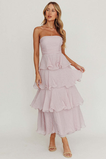 Strapless Tiered Midi Dress with Layered Ruffles