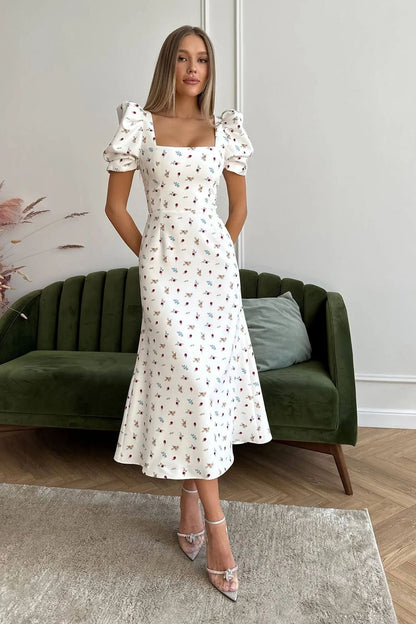 Ditsy Floral A-Line Dress with Square Neck and Puff Sleeves
