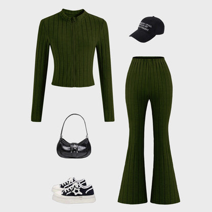 Ribbed Knit Two-Piece Set with Zip-Front Top and Flared Pants