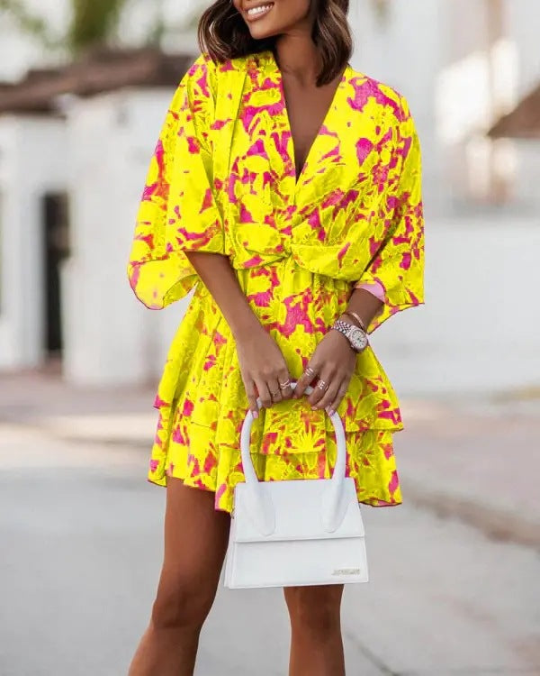 Printed Mini Dress with Faux Wrap V-Neck and Bat Sleeves