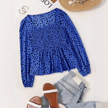Polka Dot Peplum Blouse with Square Neck and Smocked Bodice