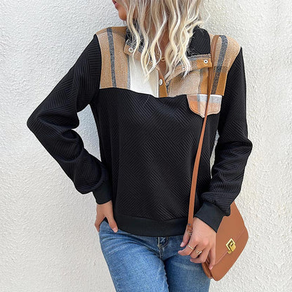 Plaid Patchwork Pullover with Polo Collar and Quilted Body