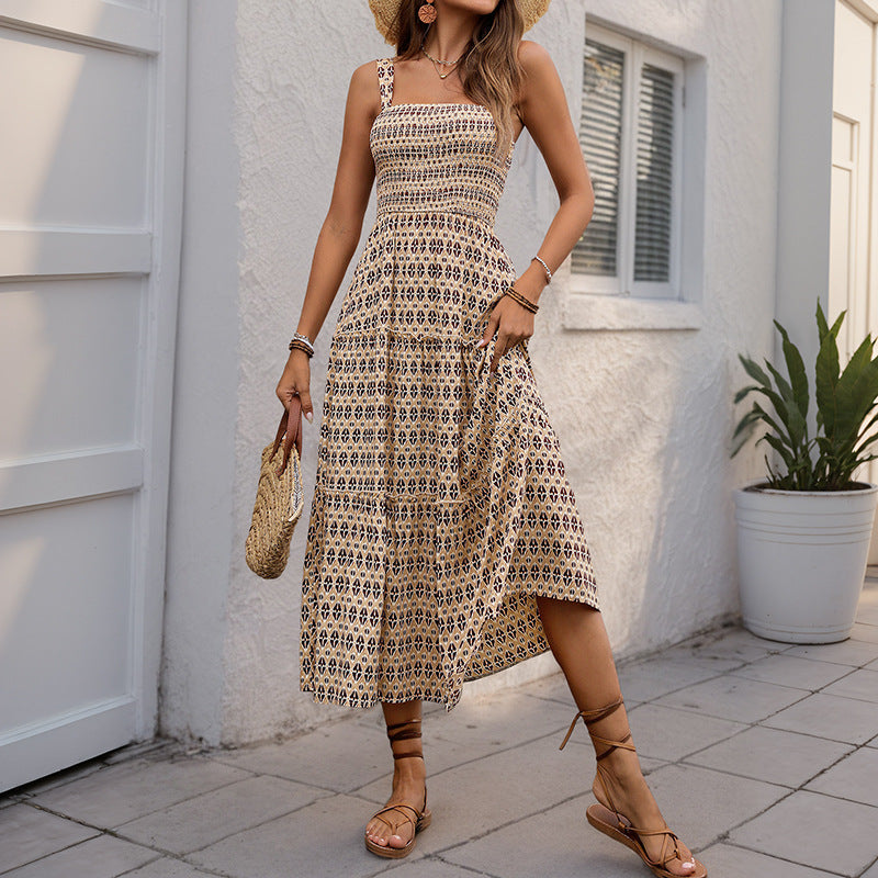 Geometric Print A-Line Midi Dress with Smocked Bodice