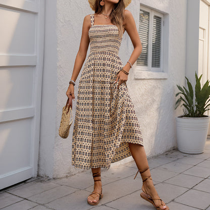 Geometric Print A-Line Midi Dress with Smocked Bodice