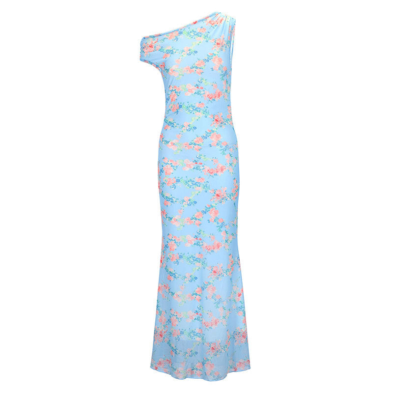 Floral Bodycon Maxi Dress with One-Shoulder and Slit