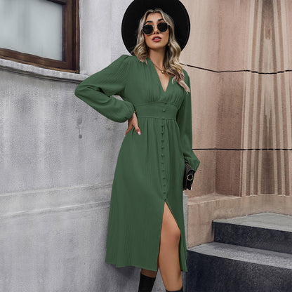 Solid A-Line Midi Dress with V-Neck and Button Front