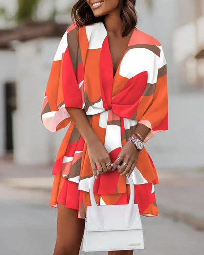Printed Mini Dress with Faux Wrap V-Neck and Bat Sleeves