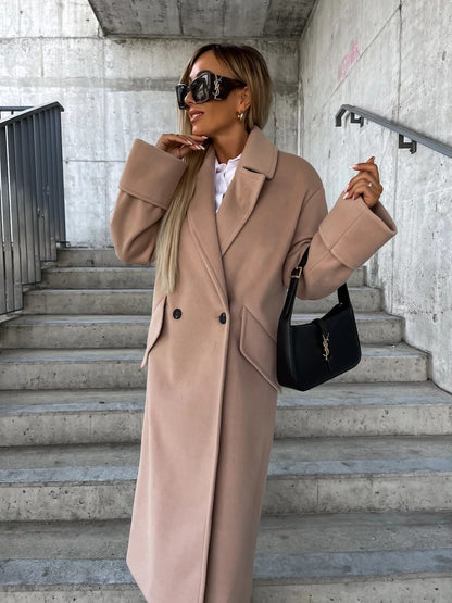 Long Coat with Suit Collar and Double-Breasted Front