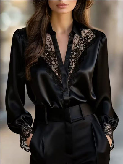 Solid Satin Blouse with Lace V-Neck and Puff Sleeves