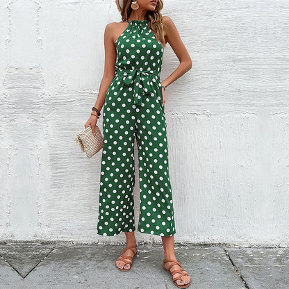 Polka Dot Wide-Leg Jumpsuit with Halter Neck and Tie Waist
