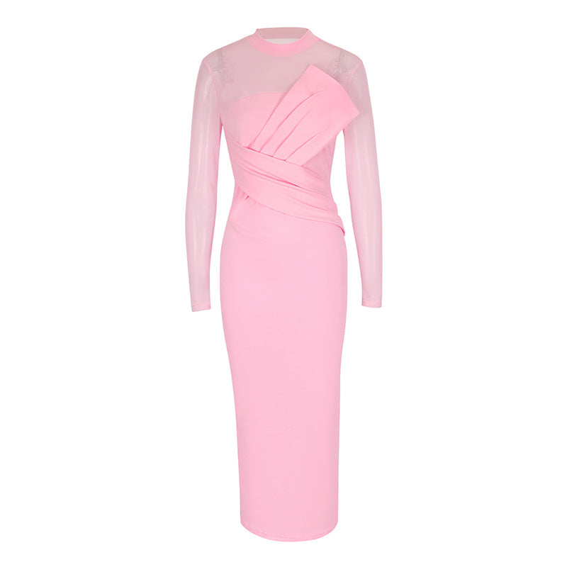 Bodycon Midi Dress with Sheer Mesh Top and Draped Bodice